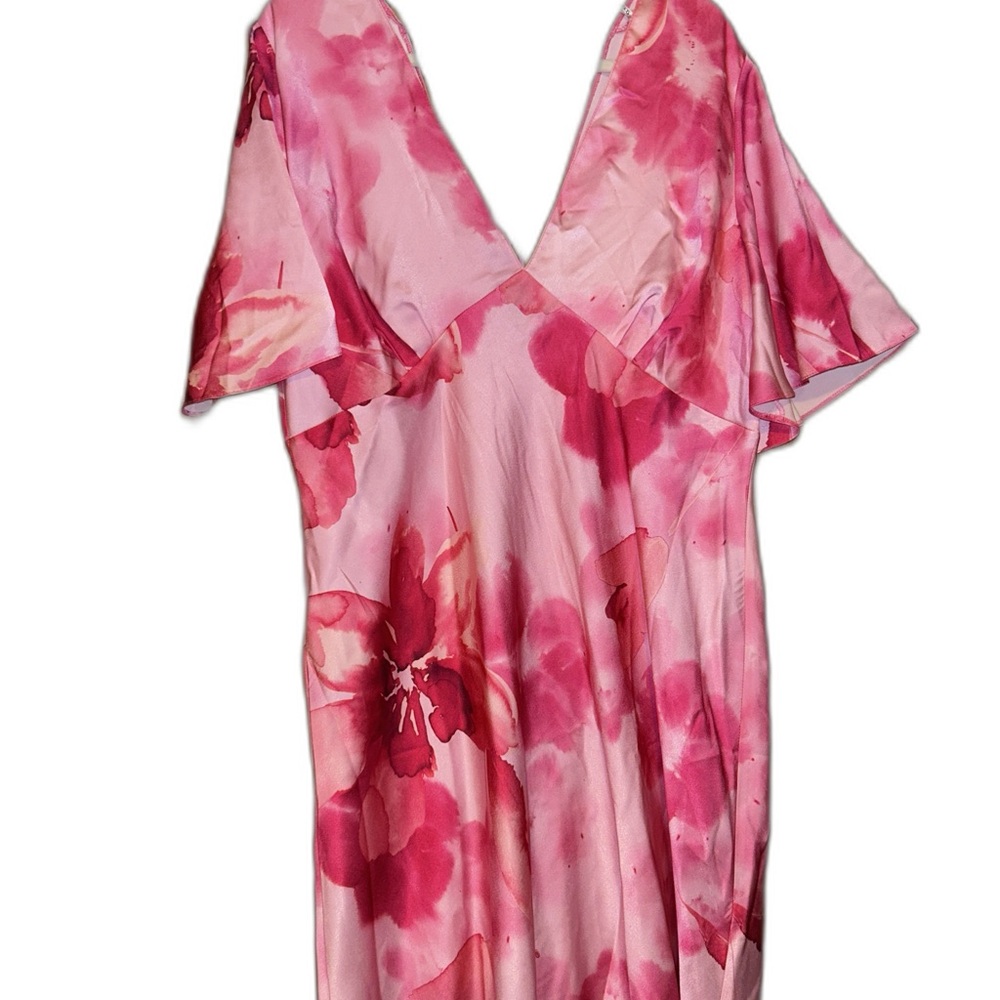 ASOS Design Curve satin flutter sleeve mini dress in pink floral print